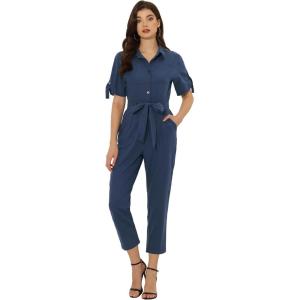 imageAllegra K Womens Short Sleeve Collared Cropped Coverall Button Down Tie Waist Cotton Cargo JumpsuitDark Blue