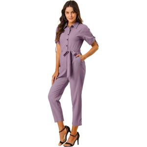 imageAllegra K Womens Short Sleeve Collared Cropped Coverall Button Down Tie Waist Cotton Cargo JumpsuitDusty Purple