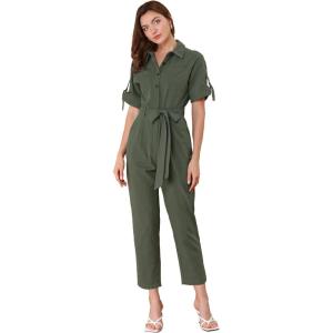 imageAllegra K Womens Short Sleeve Collared Cropped Coverall Button Down Tie Waist Cotton Cargo JumpsuitGreen