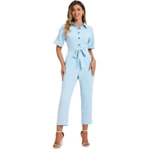 imageAllegra K Womens Short Sleeve Collared Cropped Coverall Button Down Tie Waist Cotton Cargo JumpsuitLight Blue