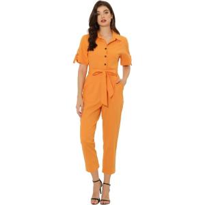 imageAllegra K Womens Short Sleeve Collared Cropped Coverall Button Down Tie Waist Cotton Cargo JumpsuitOrange