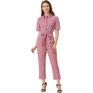 imageAllegra K Womens Short Sleeve Collared Cropped Coverall Button Down Tie Waist Cotton Cargo JumpsuitPink