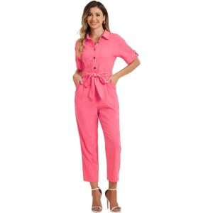 imageAllegra K Womens Short Sleeve Collared Cropped Coverall Button Down Tie Waist Cotton Cargo JumpsuitWatermelon Red