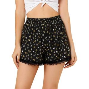 imageAllegra K Womens Summer Shorts Floral Printed Lace Trim Elastic Waist Beach ShortsBlacklittle Flower