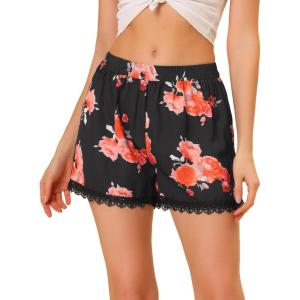 imageAllegra K Womens Summer Shorts Floral Printed Lace Trim Elastic Waist Beach ShortsBlackpeony Flower