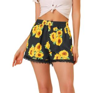 imageAllegra K Womens Summer Shorts Floral Printed Lace Trim Elastic Waist Beach ShortsBlacksunflowers