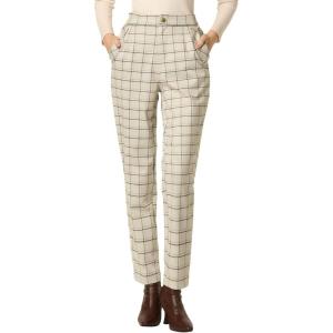 imageAllegra K Womens Vintage Tartan Plaid Pants Elastic Waist Straight Long TrousersBeige