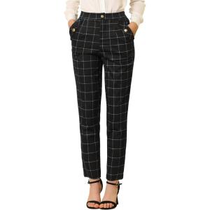 imageAllegra K Womens Vintage Tartan Plaid Pants Elastic Waist Straight Long TrousersBlack