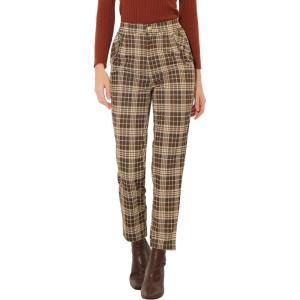 imageAllegra K Womens Vintage Tartan Plaid Pants Elastic Waist Straight Long TrousersBrown Beige