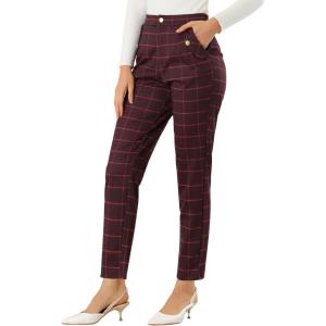 imageAllegra K Womens Vintage Tartan Plaid Pants Elastic Waist Straight Long TrousersBurgundy