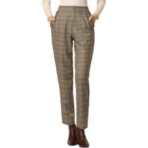 imageAllegra K Womens Vintage Tartan Plaid Pants Elastic Waist Straight Long TrousersCamel