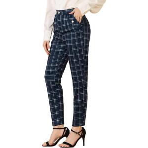 imageAllegra K Womens Vintage Tartan Plaid Pants Elastic Waist Straight Long TrousersDark Blue