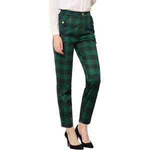 imageAllegra K Womens Vintage Tartan Plaid Pants Elastic Waist Straight Long TrousersGreen