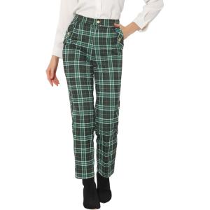 imageAllegra K Womens Vintage Tartan Plaid Pants Elastic Waist Straight Long TrousersGreen White