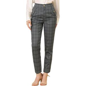 imageAllegra K Womens Vintage Tartan Plaid Pants Elastic Waist Straight Long TrousersGrey