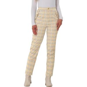 imageAllegra K Womens Vintage Tartan Plaid Pants Elastic Waist Straight Long TrousersLight Beige