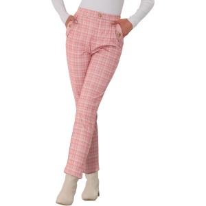 imageAllegra K Womens Vintage Tartan Plaid Pants Elastic Waist Straight Long TrousersPink