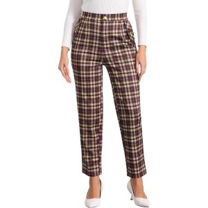 imageAllegra K Womens Vintage Tartan Plaid Pants Elastic Waist Straight Long TrousersWine Red Yellow