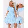 imageAllegra K Plaid Puff Short Sleeve Dress for Women Crewneck High Waist Casual Tiered DressesBlue