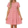 imageAllegra K Plaid Puff Short Sleeve Dress for Women Crewneck High Waist Casual Tiered DressesRed