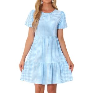 imageAllegra K Plaid Puff Short Sleeve Dress for Women Crewneck High Waist Casual Tiered DressesBlue