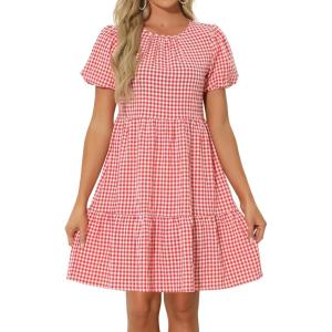 imageAllegra K Plaid Puff Short Sleeve Dress for Women Crewneck High Waist Casual Tiered DressesRed