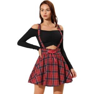 imageAllegra K Womens Halloween Tartan Skirt Gothic Plaid High Waist Detachable Suspender SkirtsRed Black