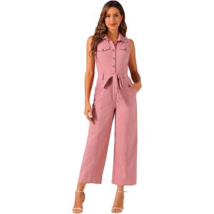 imageAllegra K Womens Wide Leg Jumpsuit 2024 Sleeveless Collared Tie Waist Coverall Button Down Cargo JumpsuitsPink