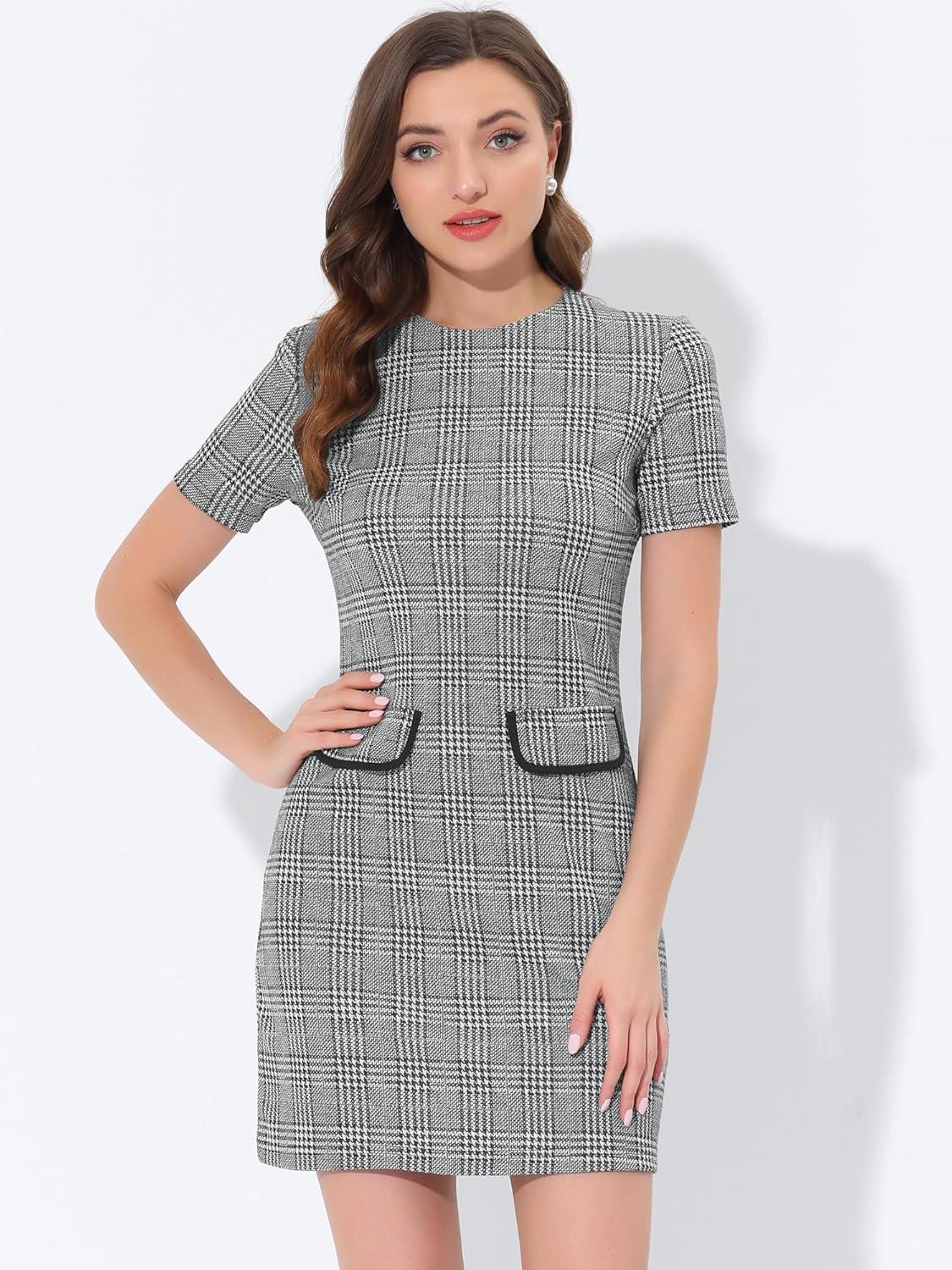 imageAllegra K Work Dresses for Womens Short Sleeve Vintage Houndstooth Plaid 2024 Formal Sheath DressBlack