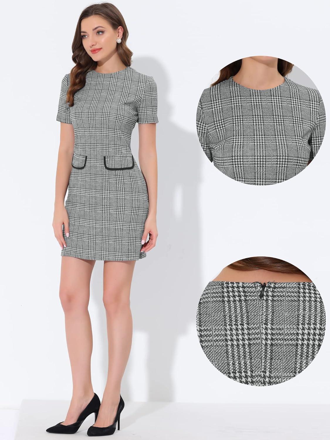 imageAllegra K Work Dresses for Womens Short Sleeve Vintage Houndstooth Plaid 2024 Formal Sheath DressBlack