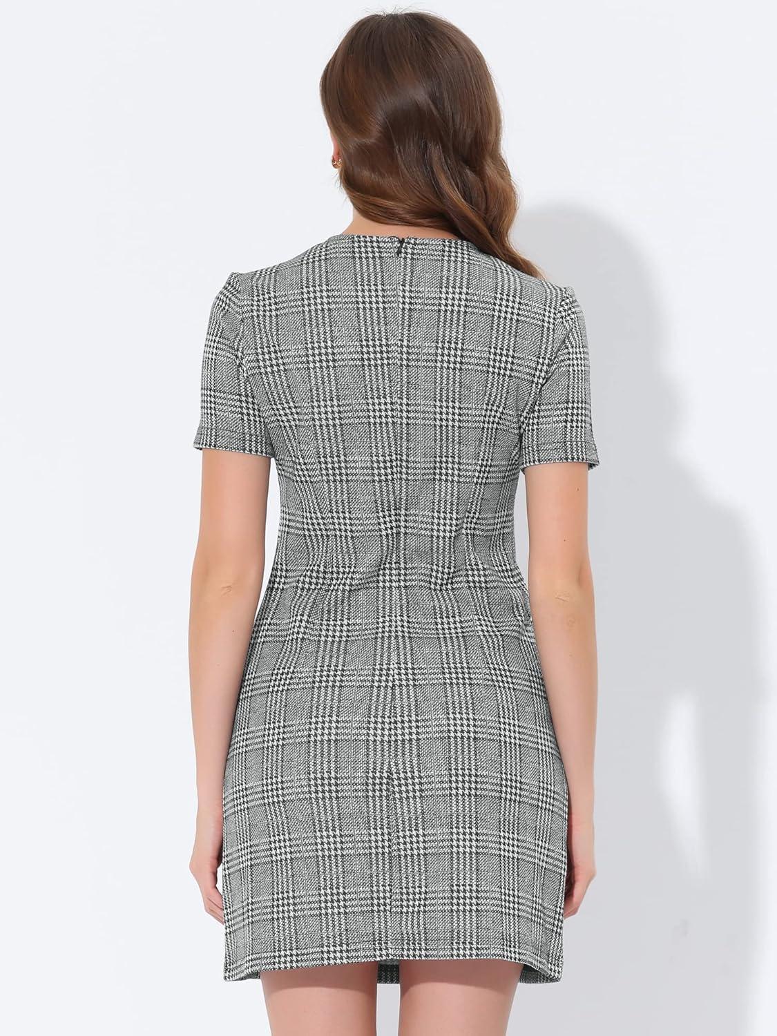 imageAllegra K Work Dresses for Womens Short Sleeve Vintage Houndstooth Plaid 2024 Formal Sheath DressBlack