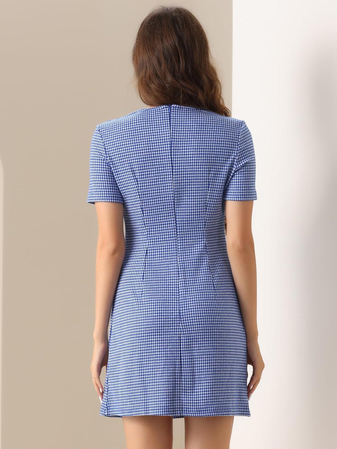 imageAllegra K Work Dresses for Womens Short Sleeve Vintage Houndstooth Plaid 2024 Formal Sheath DressBlue Houndstooth
