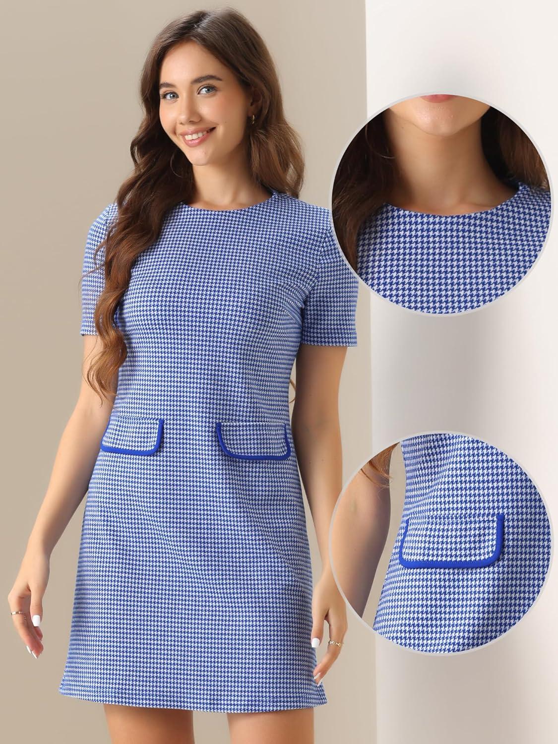 imageAllegra K Work Dresses for Womens Short Sleeve Vintage Houndstooth Plaid 2024 Formal Sheath DressBlue Houndstooth