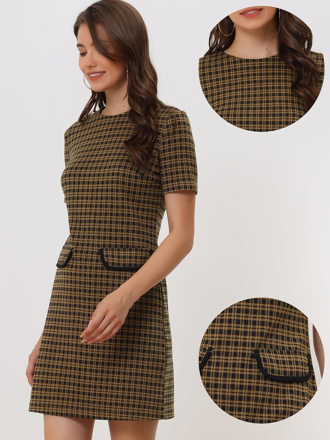 imageAllegra K Work Dresses for Womens Short Sleeve Vintage Houndstooth Plaid 2024 Formal Sheath DressBrown