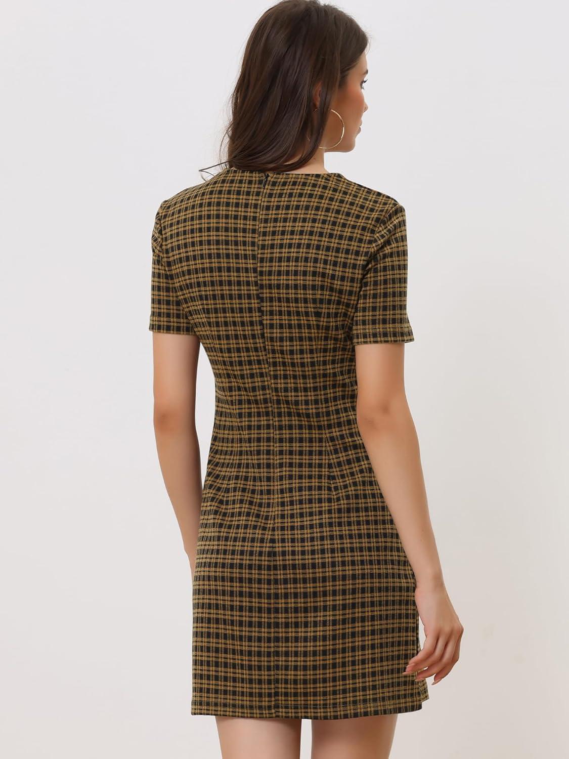 imageAllegra K Work Dresses for Womens Short Sleeve Vintage Houndstooth Plaid 2024 Formal Sheath DressBrown