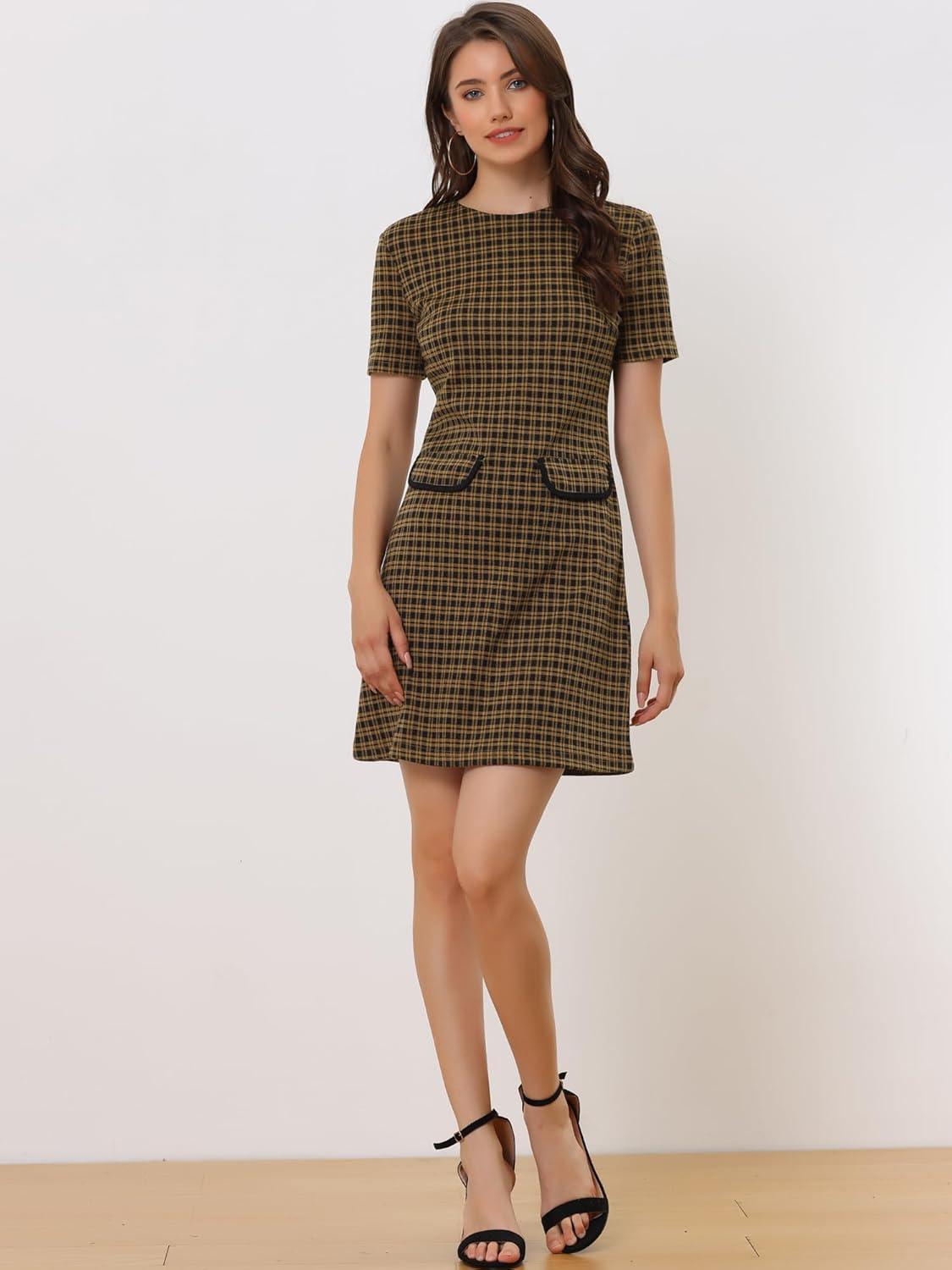 imageAllegra K Work Dresses for Womens Short Sleeve Vintage Houndstooth Plaid 2024 Formal Sheath DressBrown