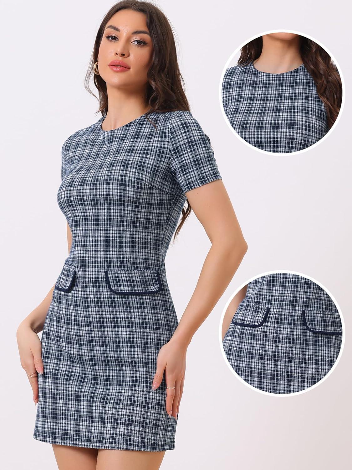 imageAllegra K Work Dresses for Womens Short Sleeve Vintage Houndstooth Plaid 2024 Formal Sheath DressDark Blue