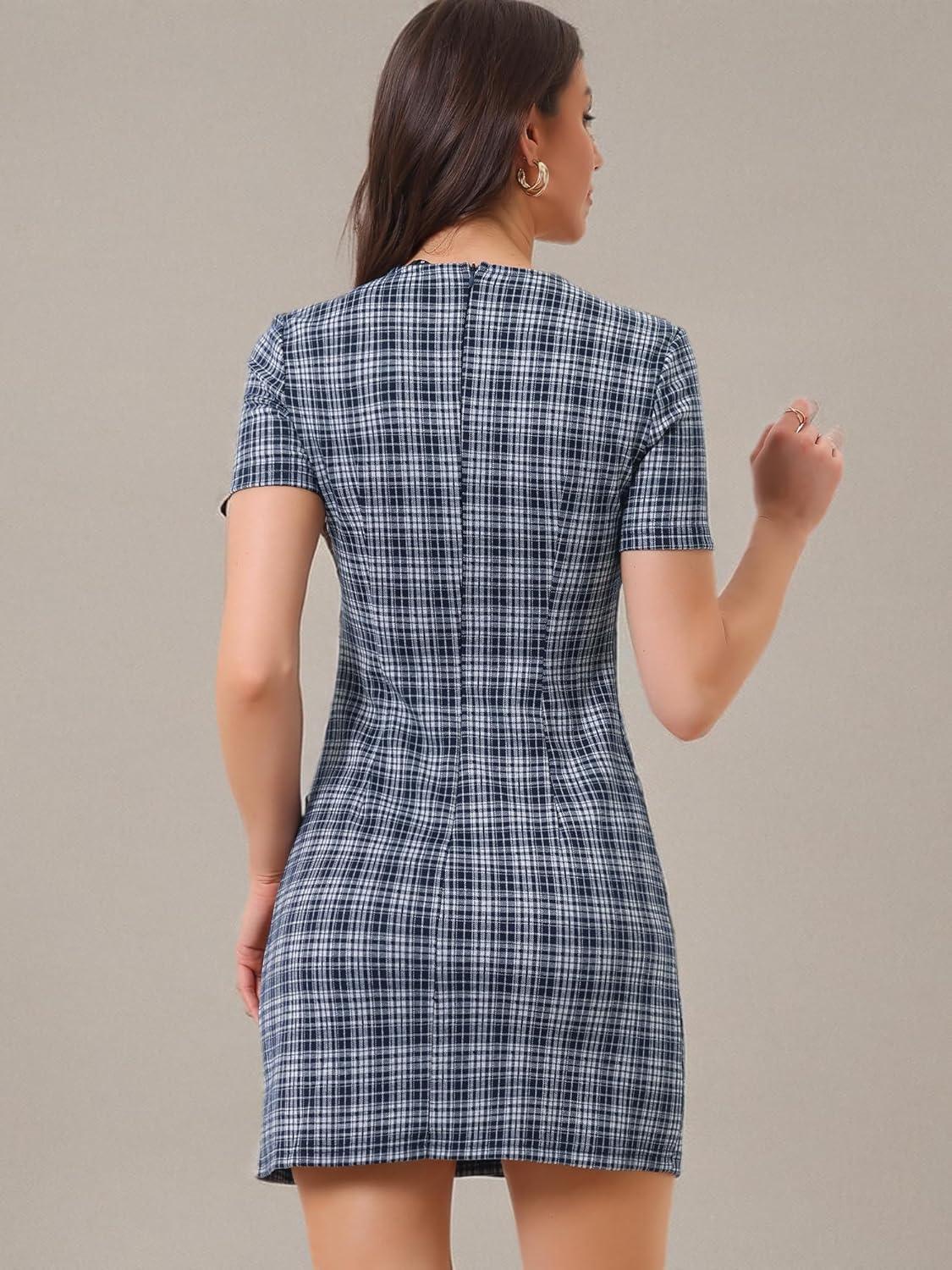 imageAllegra K Work Dresses for Womens Short Sleeve Vintage Houndstooth Plaid 2024 Formal Sheath DressDark Blue
