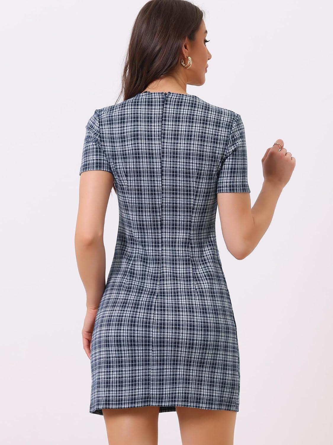 imageAllegra K Work Dresses for Womens Short Sleeve Vintage Houndstooth Plaid 2024 Formal Sheath DressDark Blue