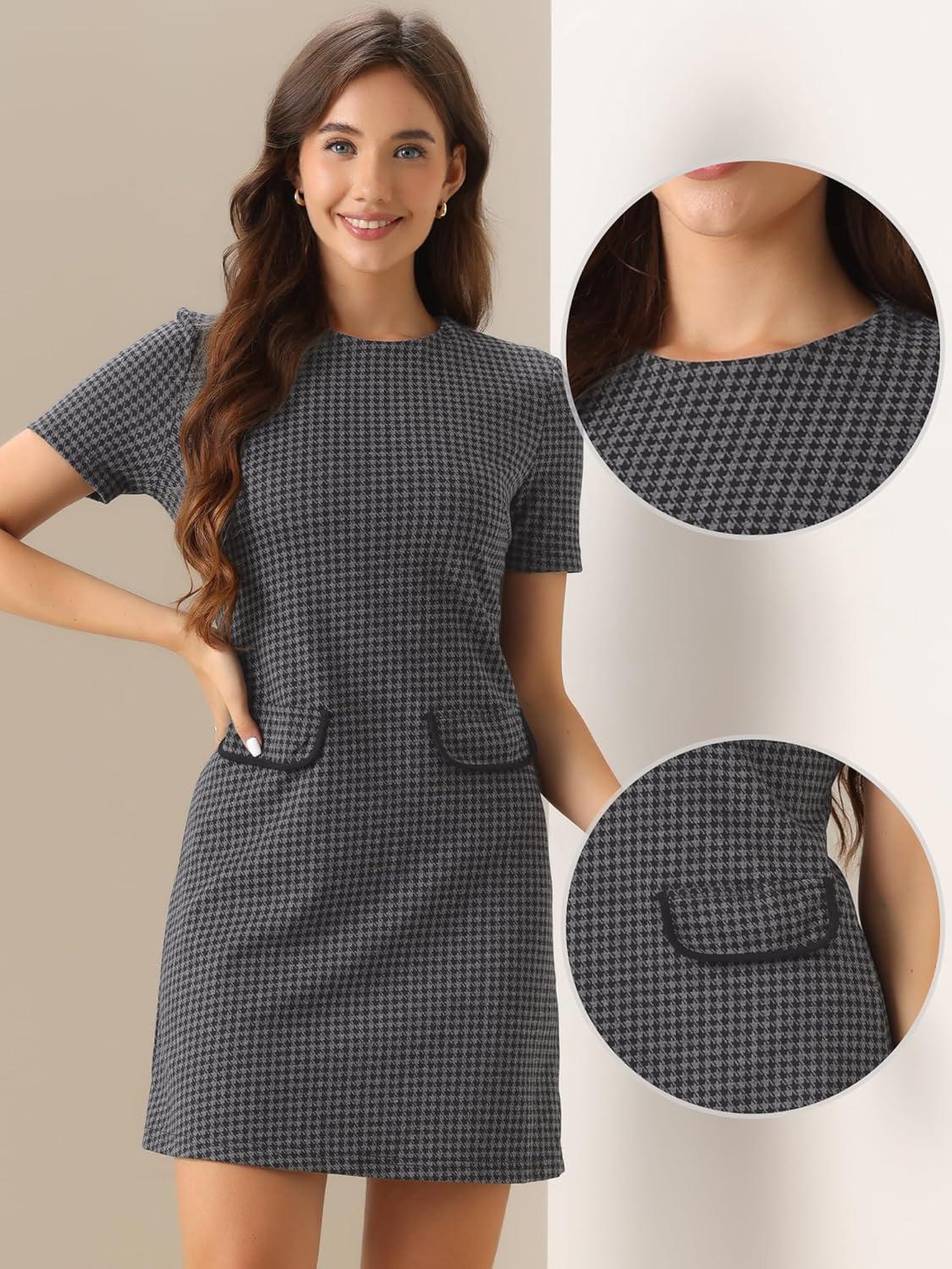 imageAllegra K Work Dresses for Womens Short Sleeve Vintage Houndstooth Plaid 2024 Formal Sheath DressGray Houndstooth