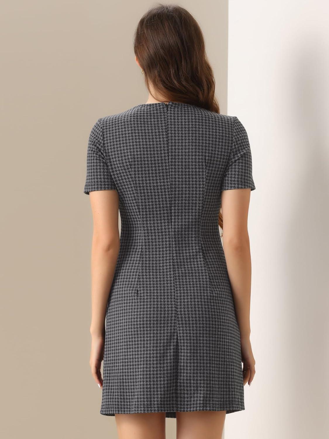 imageAllegra K Work Dresses for Womens Short Sleeve Vintage Houndstooth Plaid 2024 Formal Sheath DressGray Houndstooth