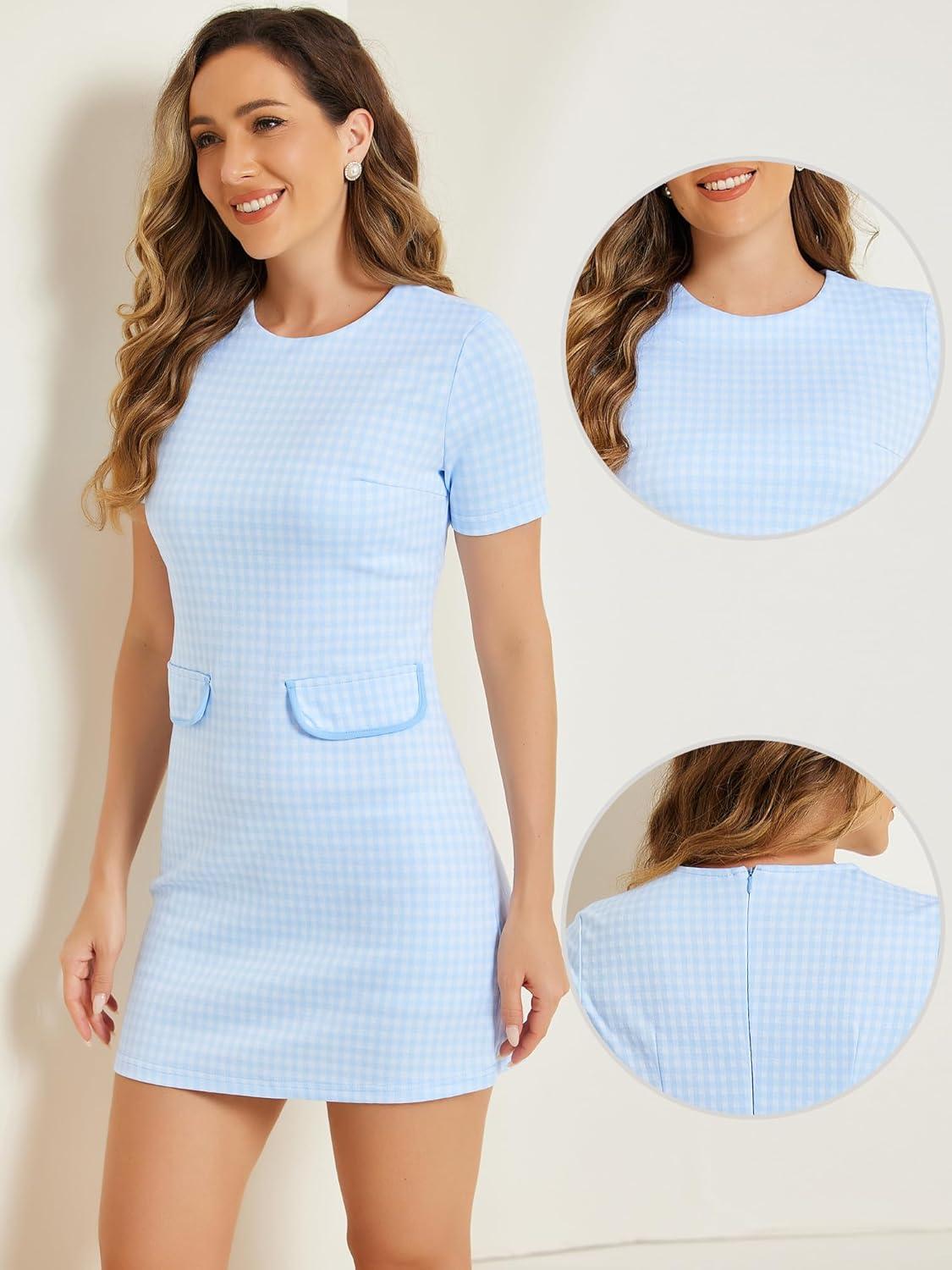 imageAllegra K Work Dresses for Womens Short Sleeve Vintage Houndstooth Plaid 2024 Formal Sheath DressLight Blue