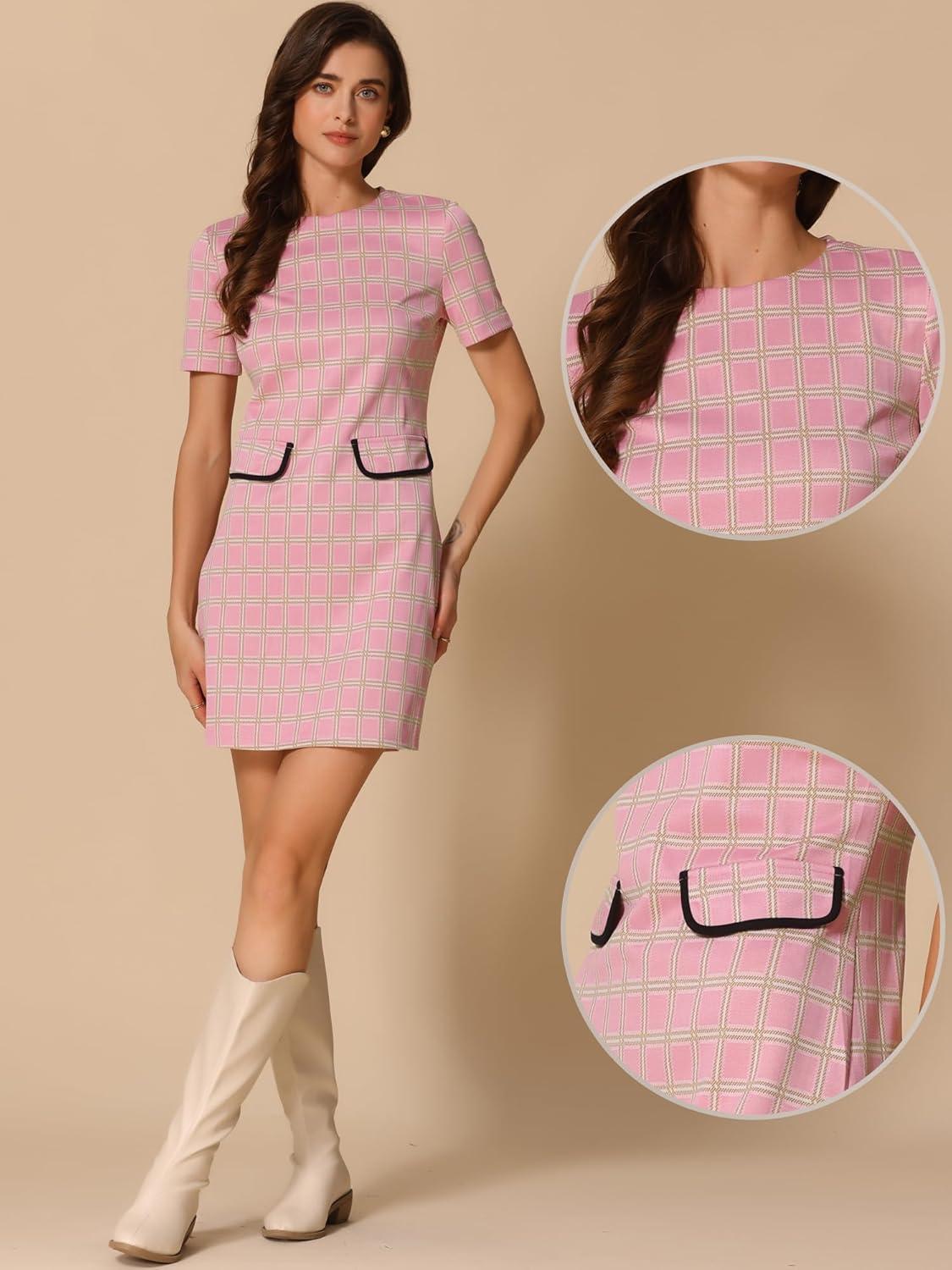 imageAllegra K Work Dresses for Womens Short Sleeve Vintage Houndstooth Plaid 2024 Formal Sheath DressPink