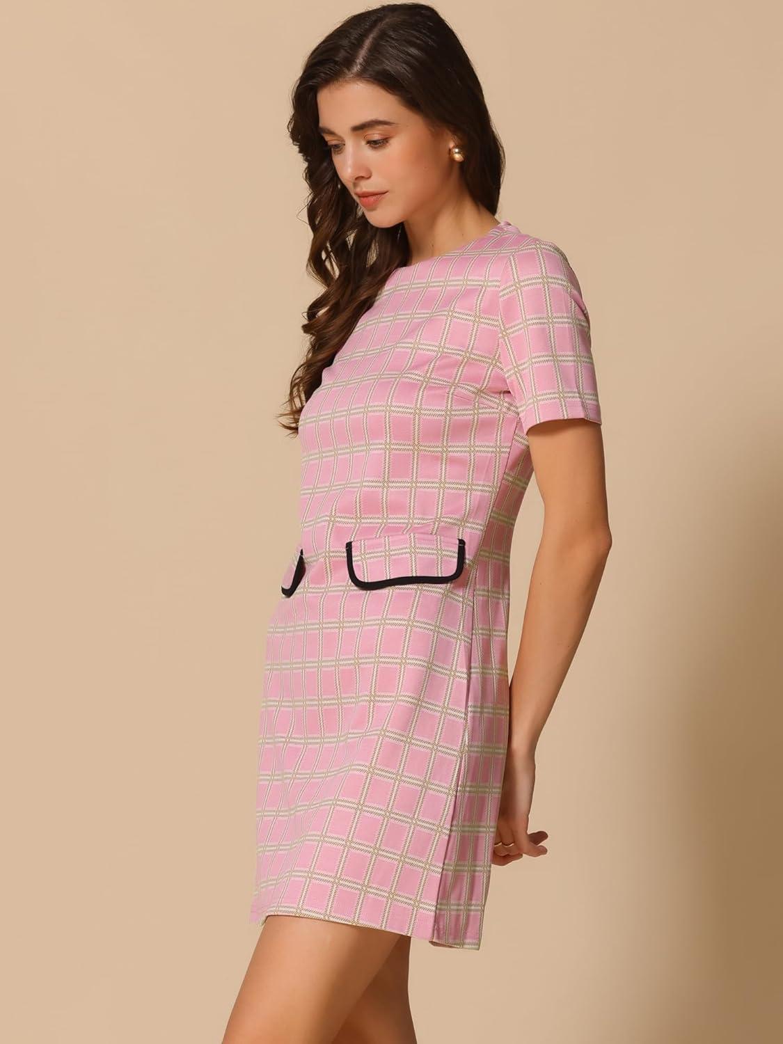 imageAllegra K Work Dresses for Womens Short Sleeve Vintage Houndstooth Plaid 2024 Formal Sheath DressPink