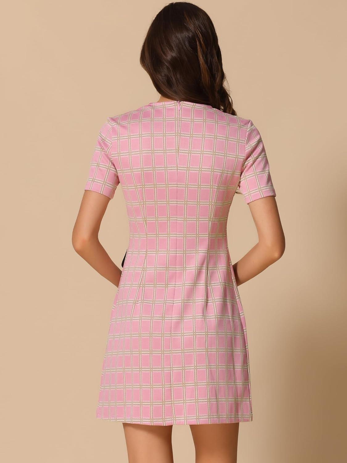 imageAllegra K Work Dresses for Womens Short Sleeve Vintage Houndstooth Plaid 2024 Formal Sheath DressPink