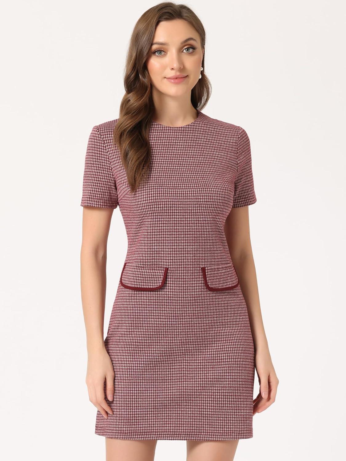 imageAllegra K Work Dresses for Womens Short Sleeve Vintage Houndstooth Plaid 2024 Formal Sheath DressRed