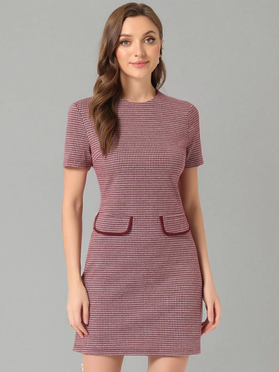 imageAllegra K Work Dresses for Womens Short Sleeve Vintage Houndstooth Plaid 2024 Formal Sheath DressRed