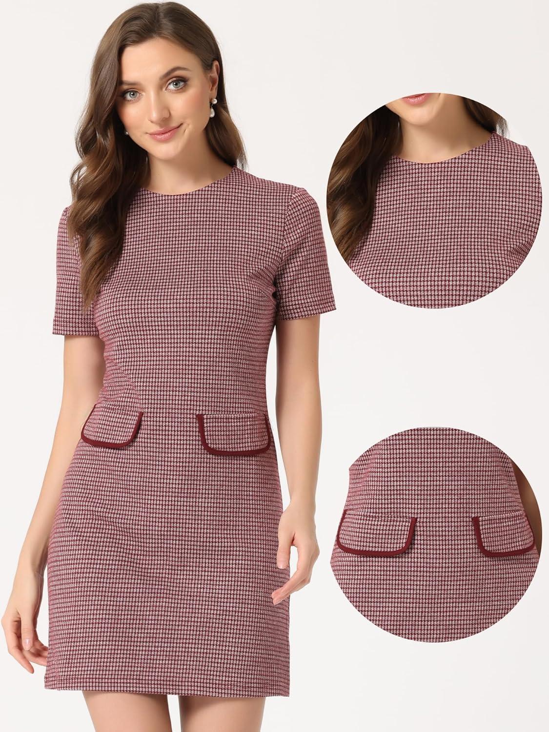 imageAllegra K Work Dresses for Womens Short Sleeve Vintage Houndstooth Plaid 2024 Formal Sheath DressRed