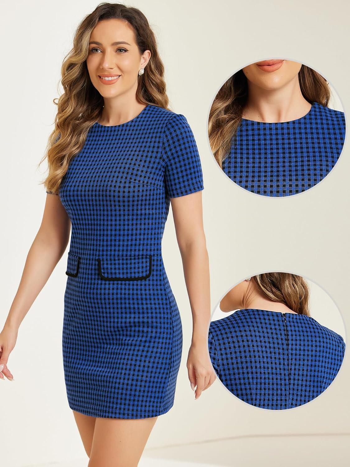 imageAllegra K Work Dresses for Womens Short Sleeve Vintage Houndstooth Plaid 2024 Formal Sheath DressRoyal Blue