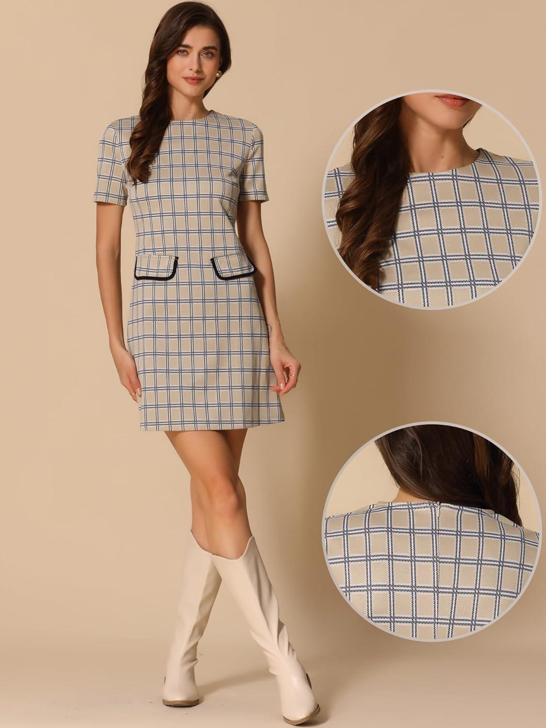 imageAllegra K Work Dresses for Womens Short Sleeve Vintage Houndstooth Plaid 2024 Formal Sheath DressTan